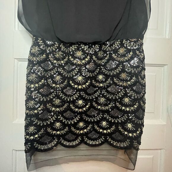 Aidan Mattox Black Stretch Lace Beaded Blouson Dress Size 4 - Picture 10 of 16
